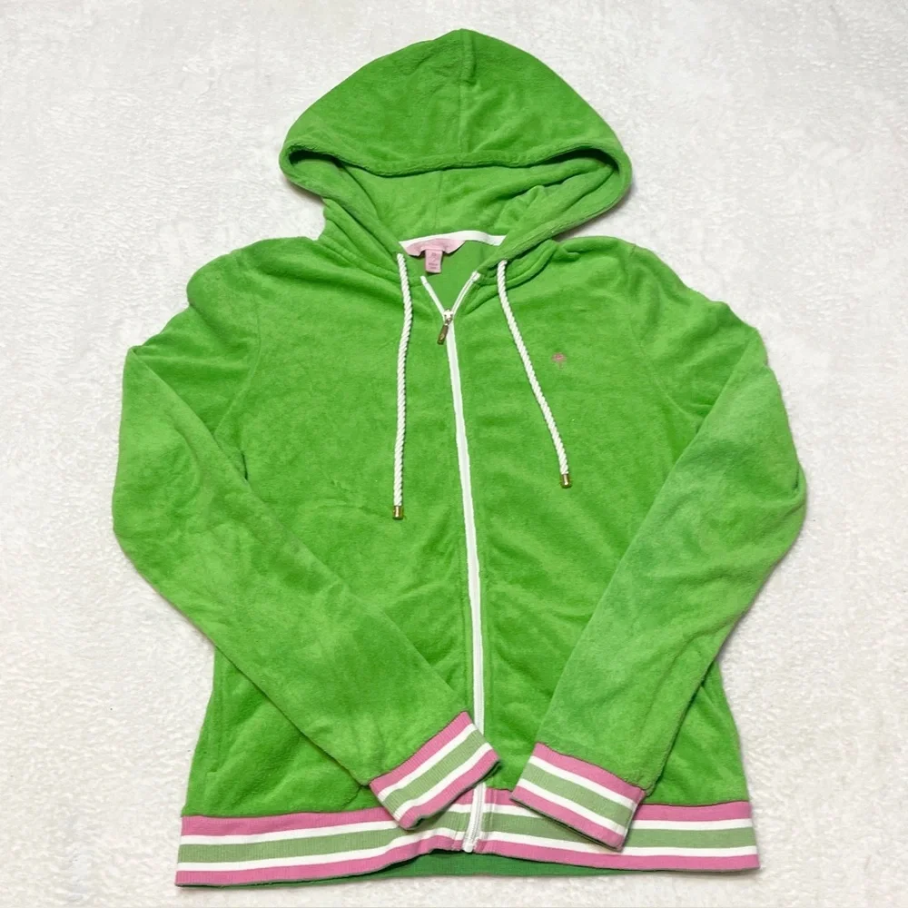 Y2K Lilly Pulitzer Green &‎ Pink Retro Stripe Terry Cloth Hooded Track Jacket XS
